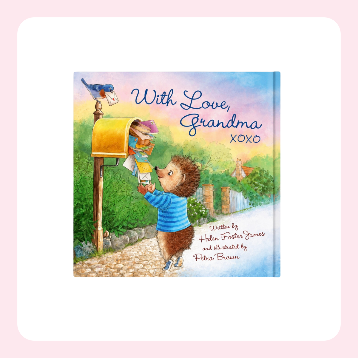 A children's book cover titled "With Love, Grandma XOXO" showing an illustrated hedgehog handing a letter into a yellow mailbox. The cover is centered on a white rounded-square background with a soft pink border.