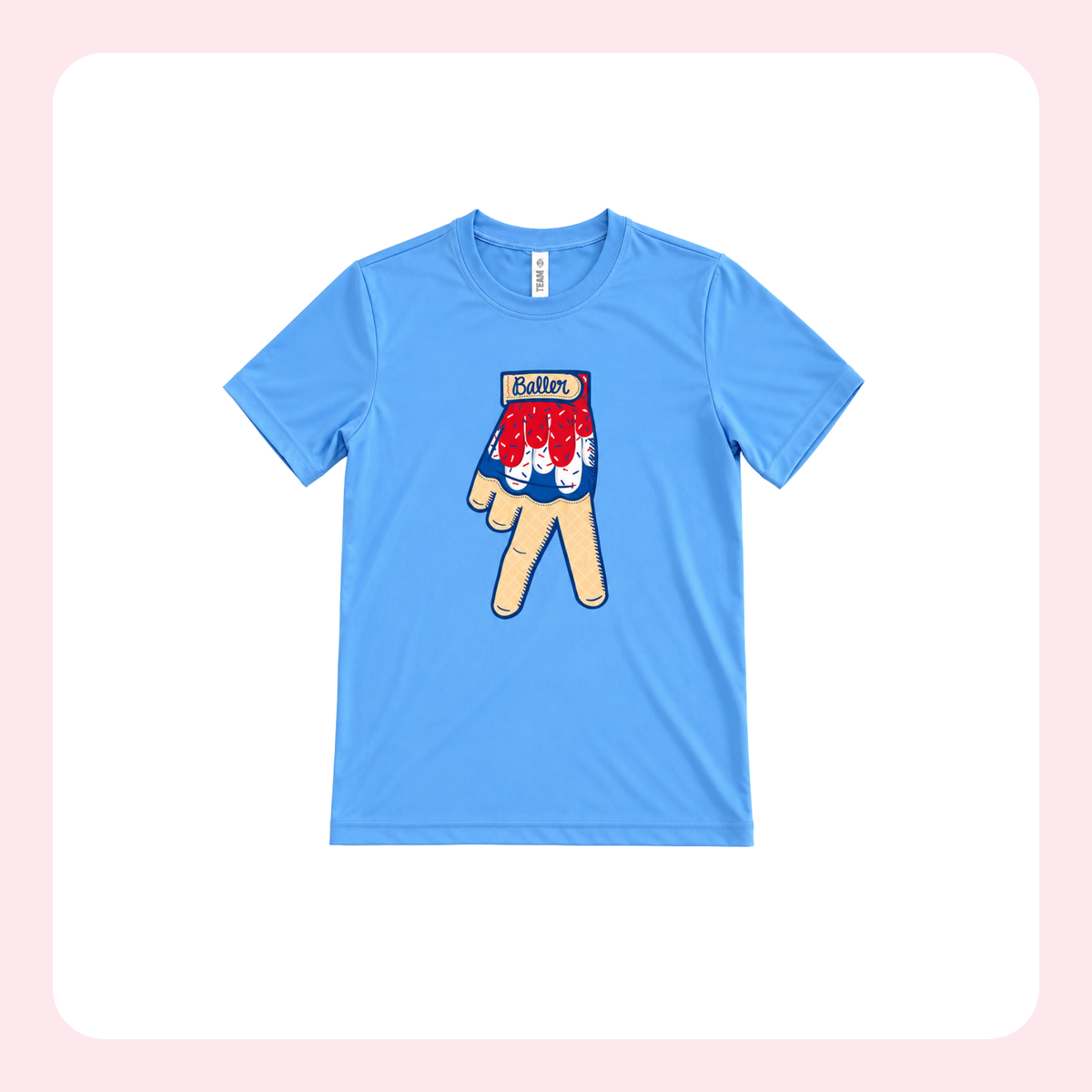 A light blue short-sleeve t-shirt with a graphic of a hand wearing a red, white, and blue striped glove on the front, displayed on a white background with a soft pink border.