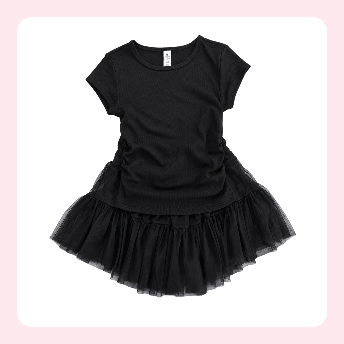 A black short-sleeve baby tee dress with a ruched bodice and a layered black tulle tutu skirt, shown against a white background with a light pink border.