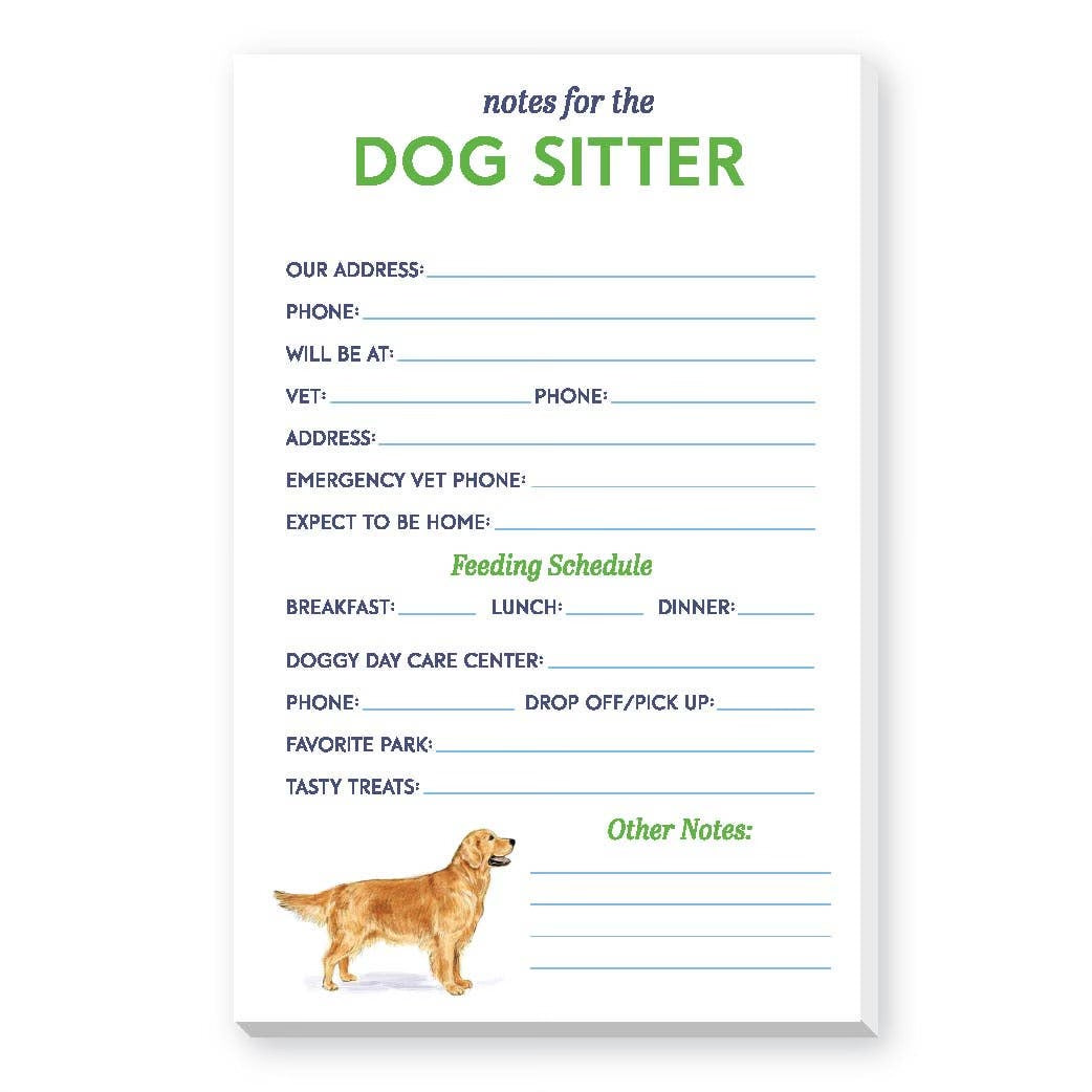 Note sheet for dog sitters with a dog illustration and text fields.
