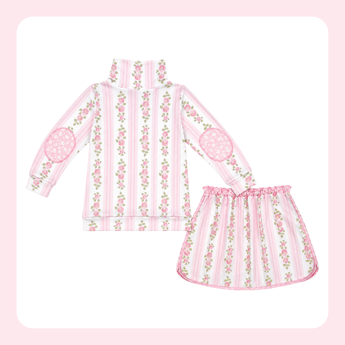 A two-piece girls' outfit set featuring a long-sleeve mock-neck top and a matching skirt, both in a pink and white striped pattern with vertical floral vines and pink lace-like elbow patches.