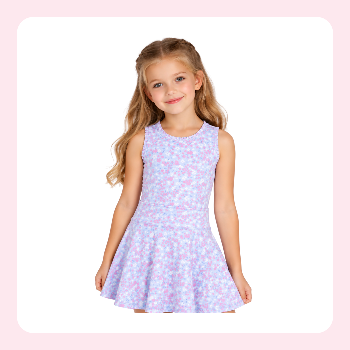 A young girl with blonde hair wearing a sleeveless lavender and pink floral print dress, standing against a white background with a light pink border.
