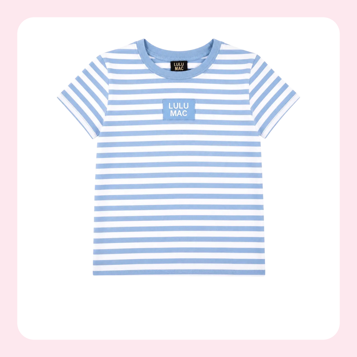 A children's short-sleeve crewneck T-shirt with light blue and white horizontal stripes, featuring a light blue chest patch with the text 'LULU MAC' in white, displayed on a clean white background with a soft pink border.