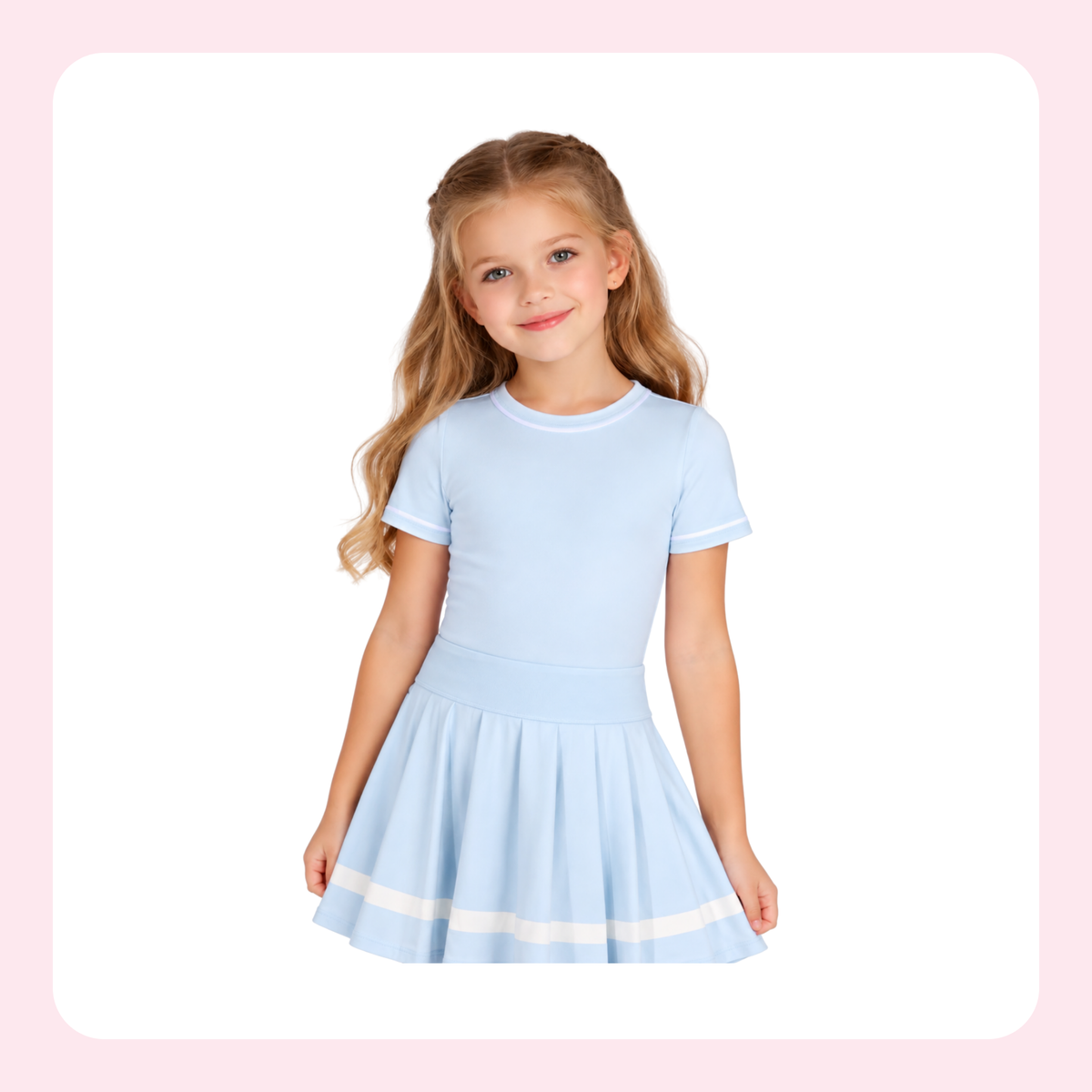 A young girl with blonde hair wearing a light blue short-sleeve dress with white trim, standing against a white background with a pink border.