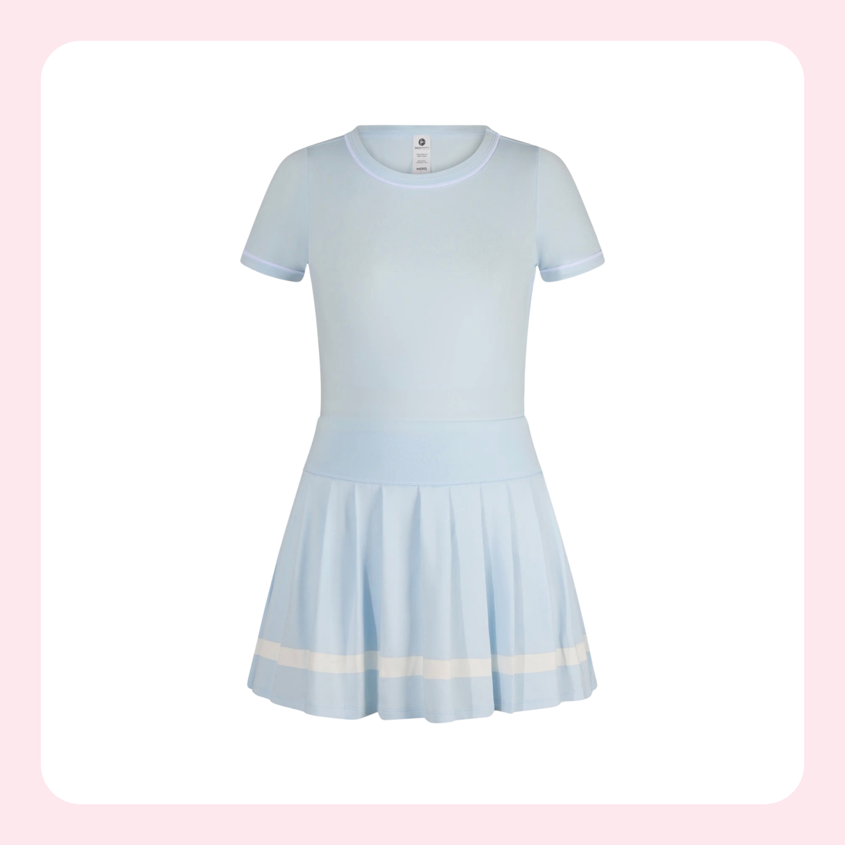 A light blue short-sleeve dress with a pleated skirt and a horizontal cream stripe near the hem, shown against a white background with a soft pink border.