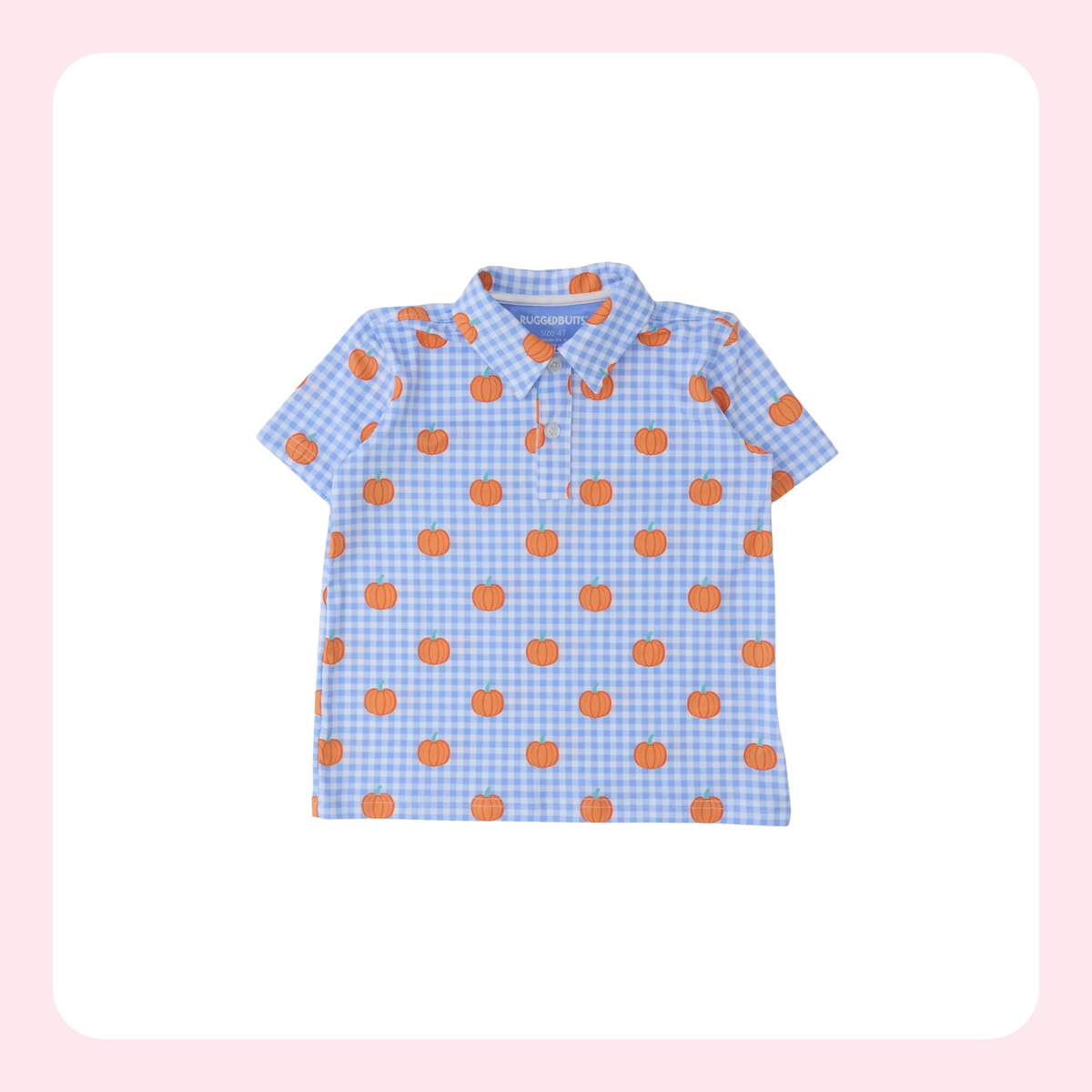 A short-sleeve baby polo shirt with a light blue and white gingham pattern and orange pumpkin prints, displayed on a white background with a soft pink border.
