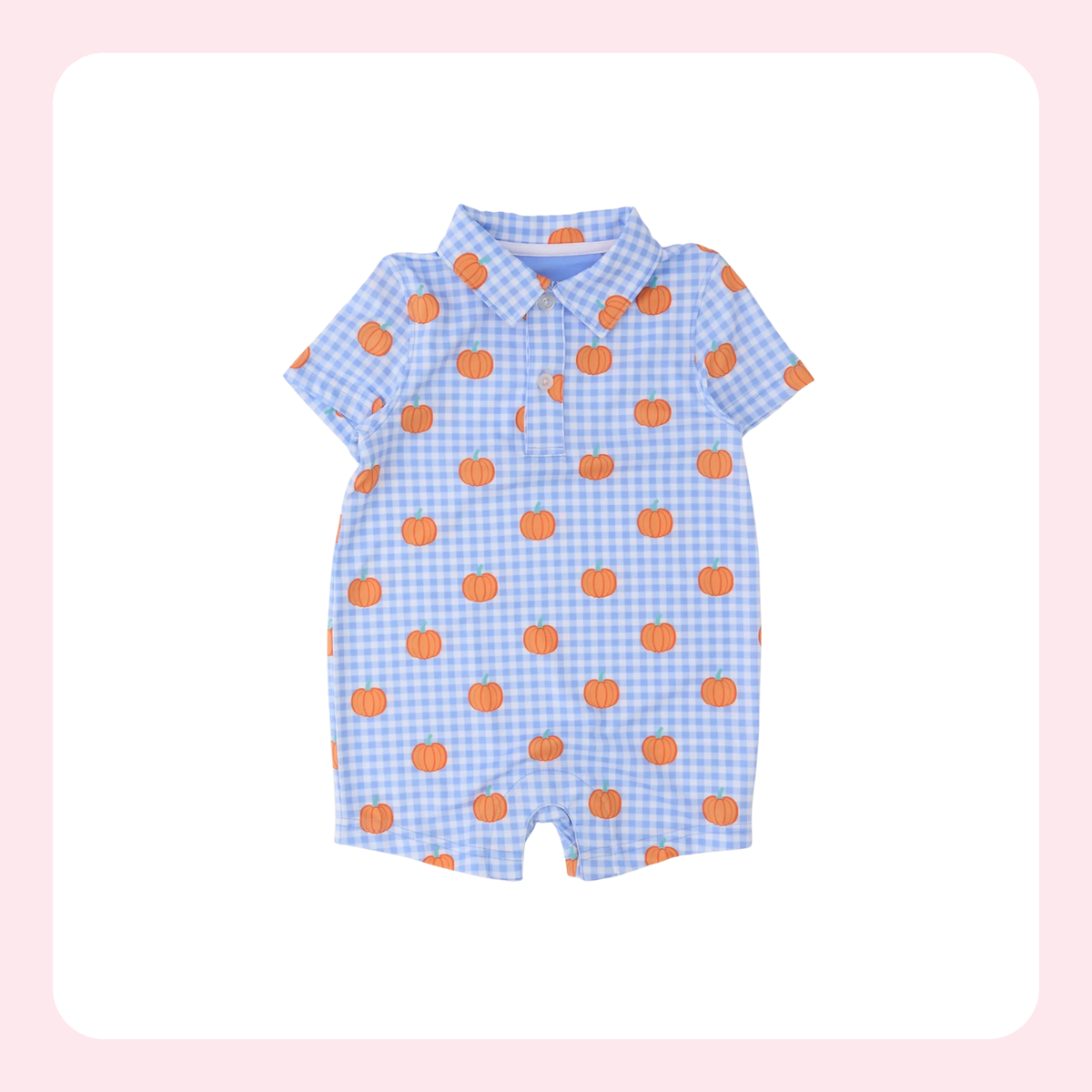 A baby short-sleeve romper with a light blue and white gingham check pattern and orange pumpkin prints, displayed on a white background with a soft pink border.