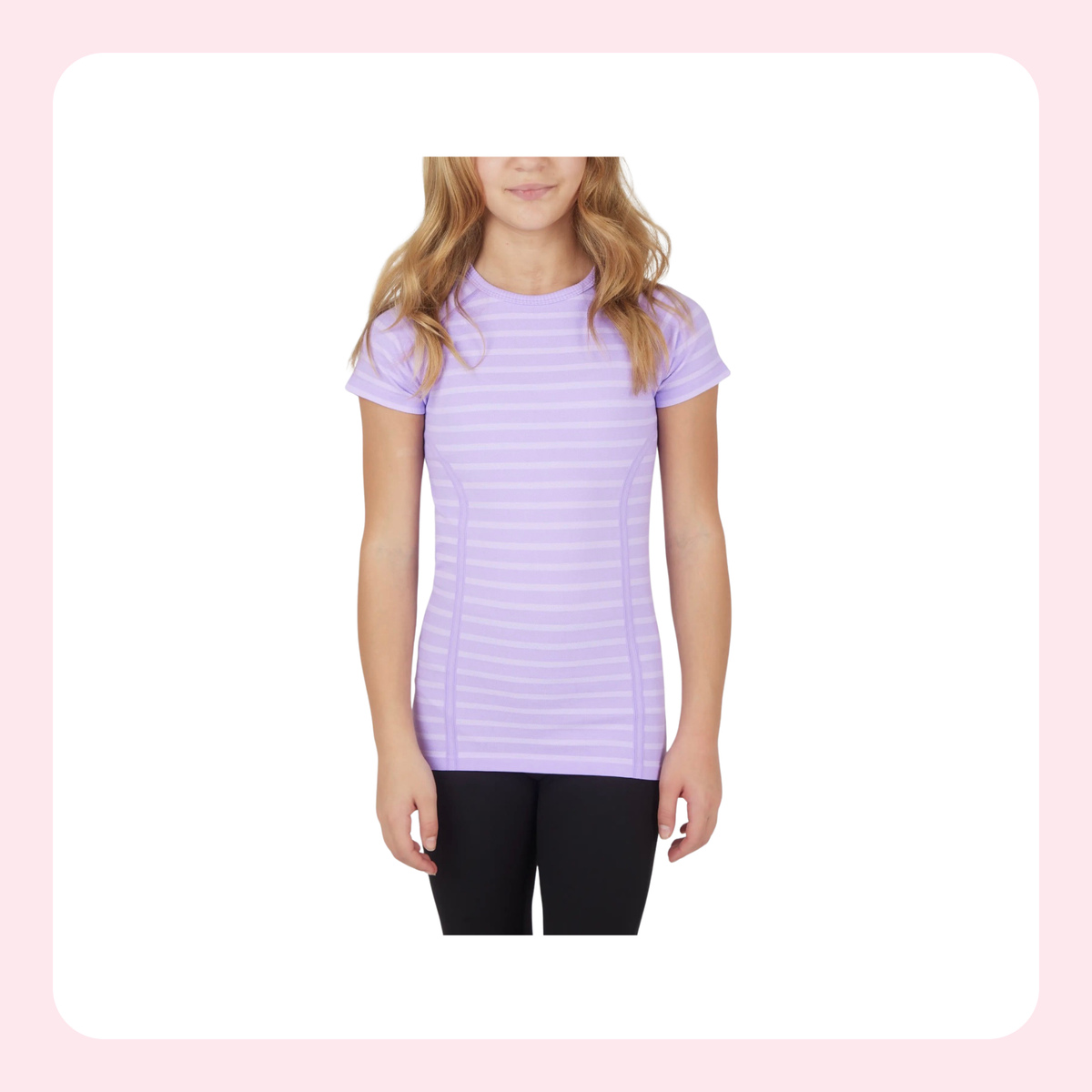 A woman wearing a light purple short-sleeve athletic t-shirt with thin white horizontal stripes, paired with black leggings, shown against a white background with a light pink border.