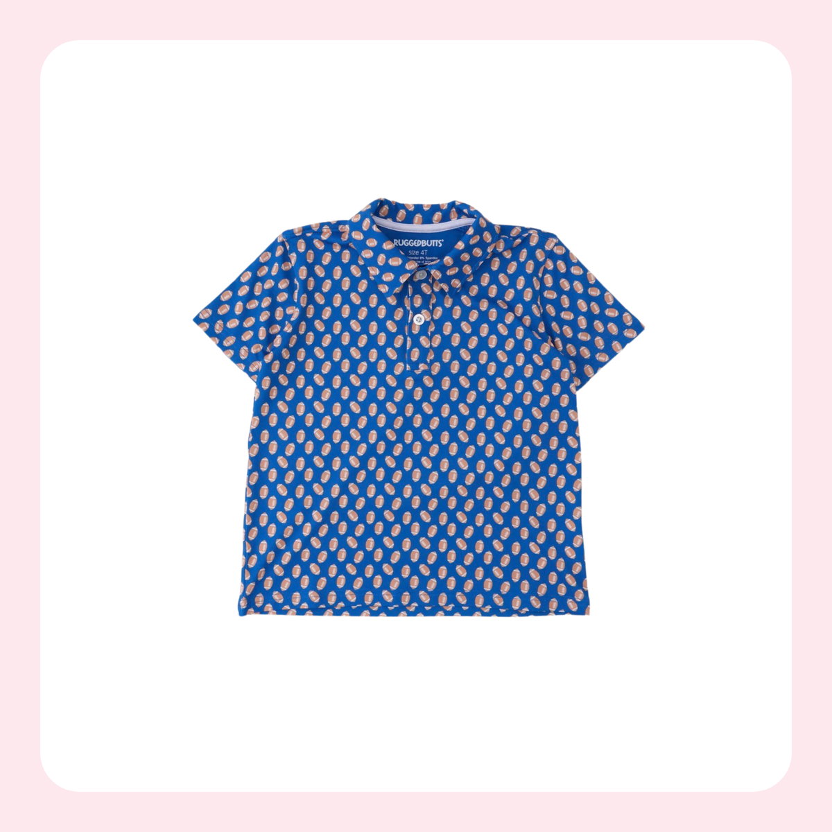 A short-sleeve polo shirt for toddlers, featuring a vibrant blue base with a repeating beige and white paisley pattern. The shirt has a small tie detail at the collar and a short button placket.