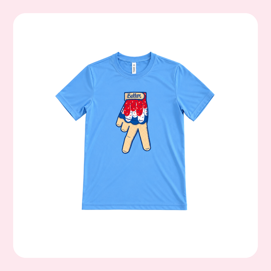 A light blue short-sleeve t-shirt with a graphic of a hand wearing a red, white, and blue striped glove on the front, displayed on a white background with a soft pink border.