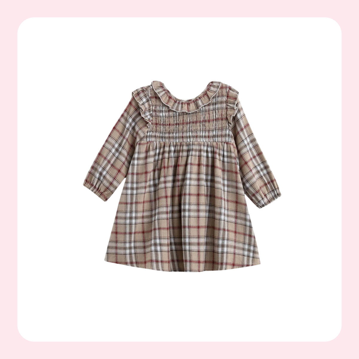A toddler girl's long-sleeve plaid dress with a smocked bodice and ruffled collar, shown against a white background with a soft pink border.