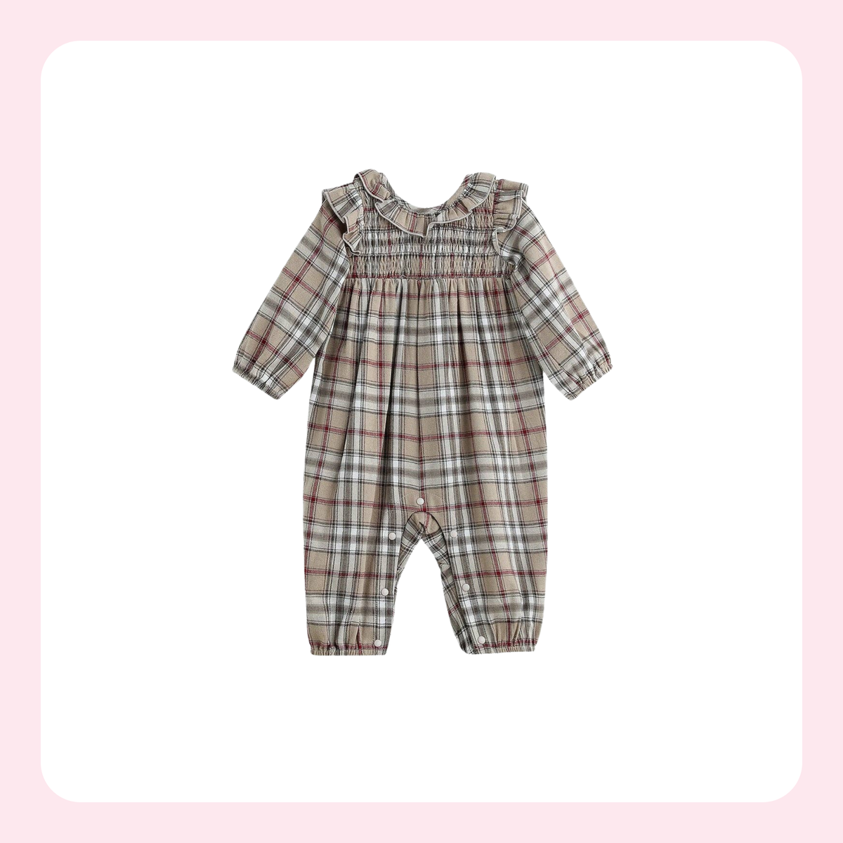 A baby long-sleeve romper in a beige, brown, and white plaid pattern, featuring a ruffled collar and elasticized leg cuffs, shown against a white background with a soft pink border.