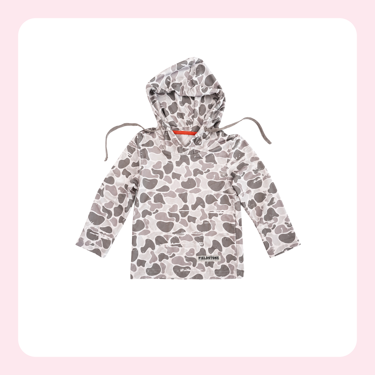 A children's hooded sweatshirt with a gray and beige camouflage pattern, featuring a kangaroo pocket and drawstrings, displayed on a white background with a light pink border.