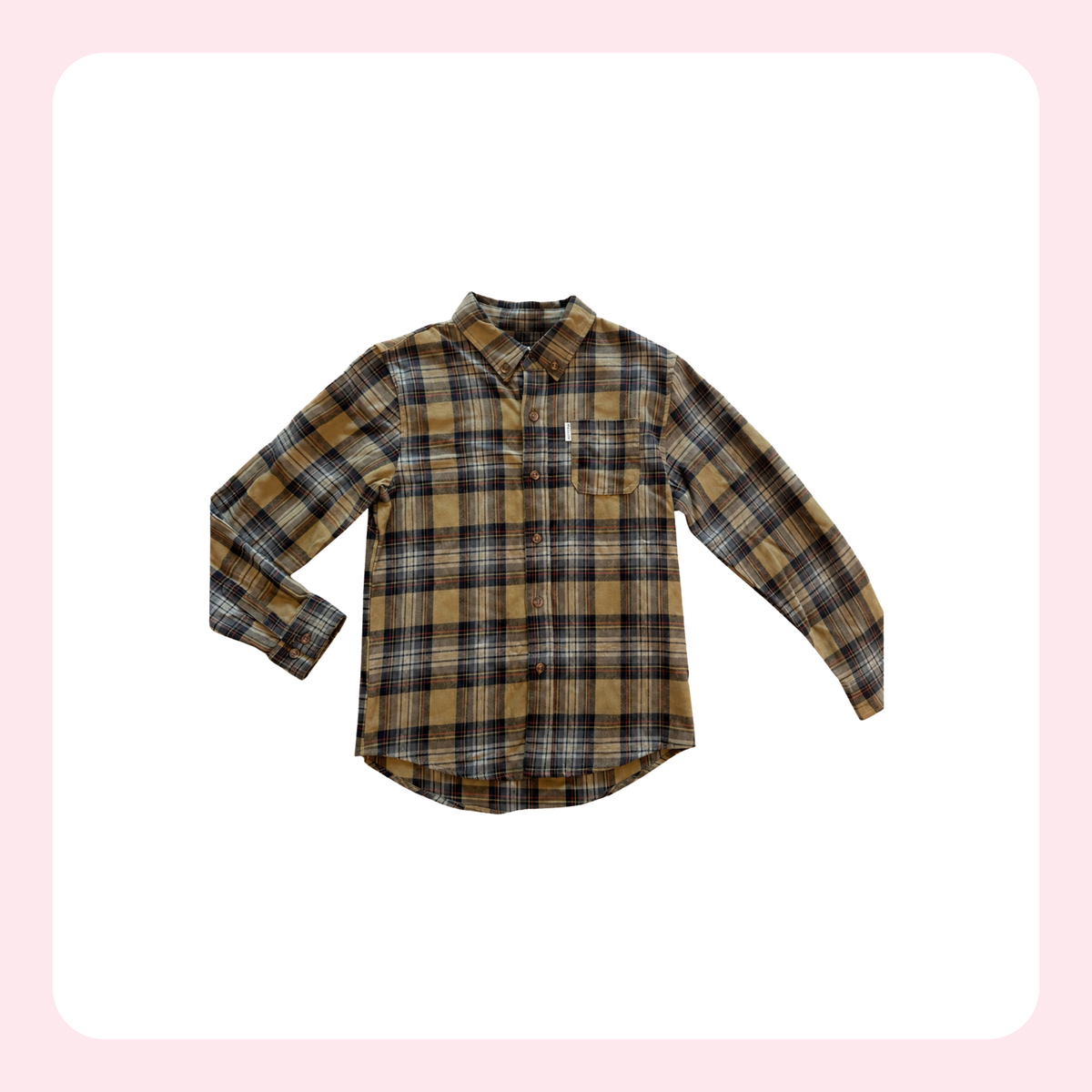 A long-sleeve plaid button-up shirt in brown, beige, and black, displayed flat against a white background with a light pink border.