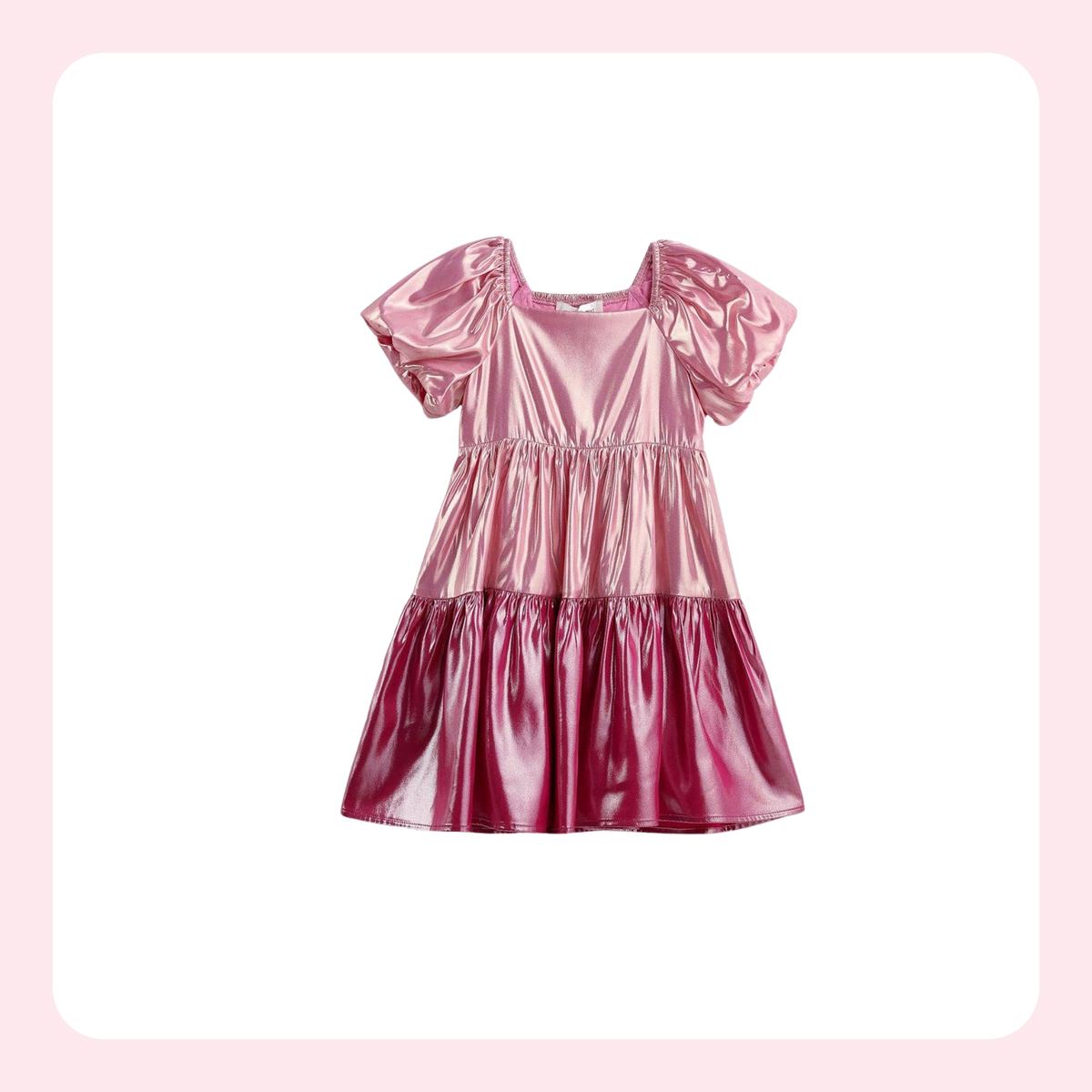 A shiny metallic pink tiered dress with short puff sleeves, featuring a square neckline and a smocked waist, shown against a white background with a soft pink border.