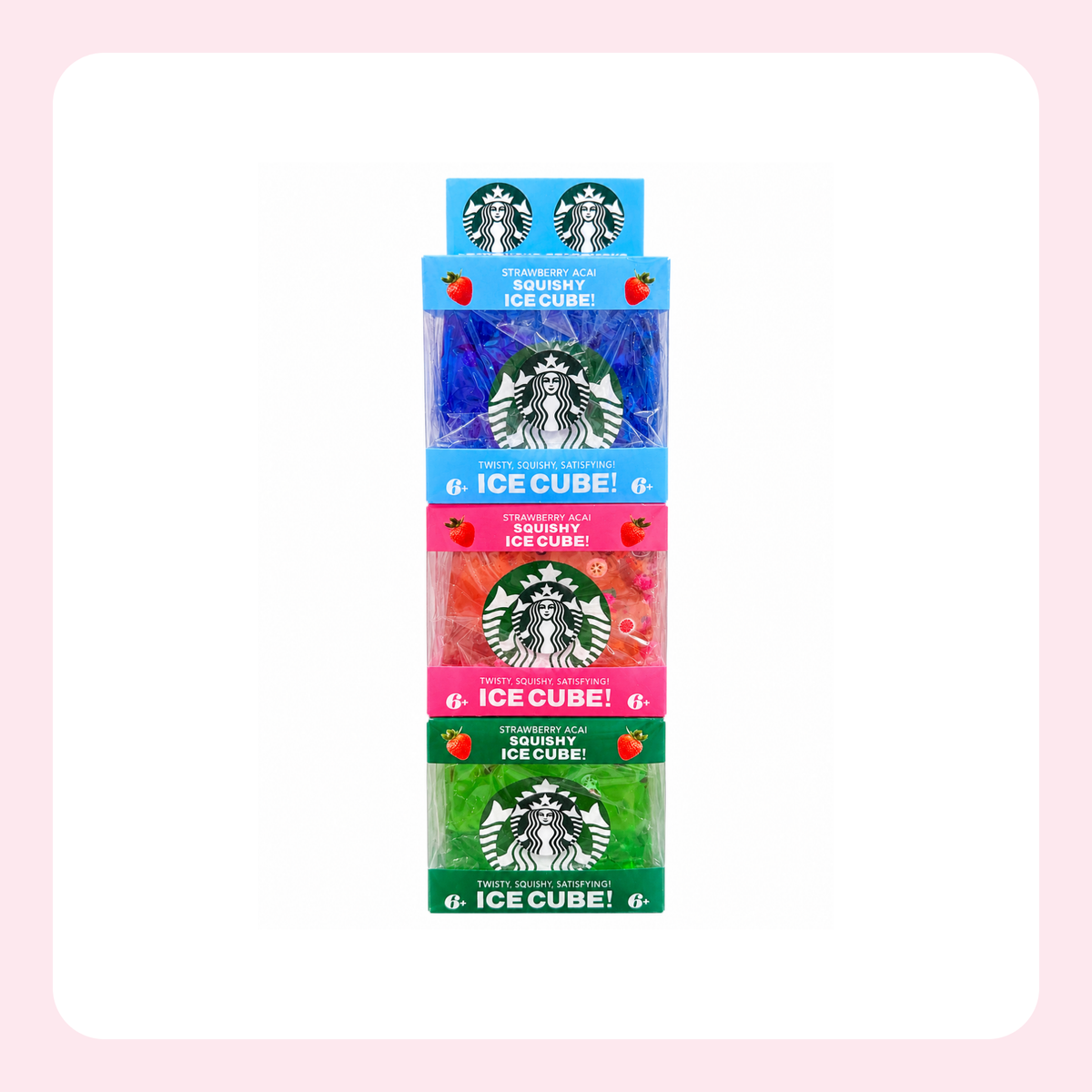 A vertical stack of four Starbucks Ice Cube sour candy packages in blue, pink, red, and green, with the top package displaying a small blue box of Starbucks Squishy Ice Cube.