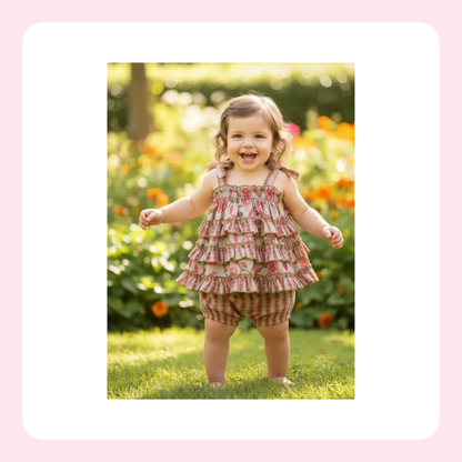 A toddler girl wearing a matching tiered ruffle sleeveless top and striped shorts romper set, standing outdoors in a sunny garden.