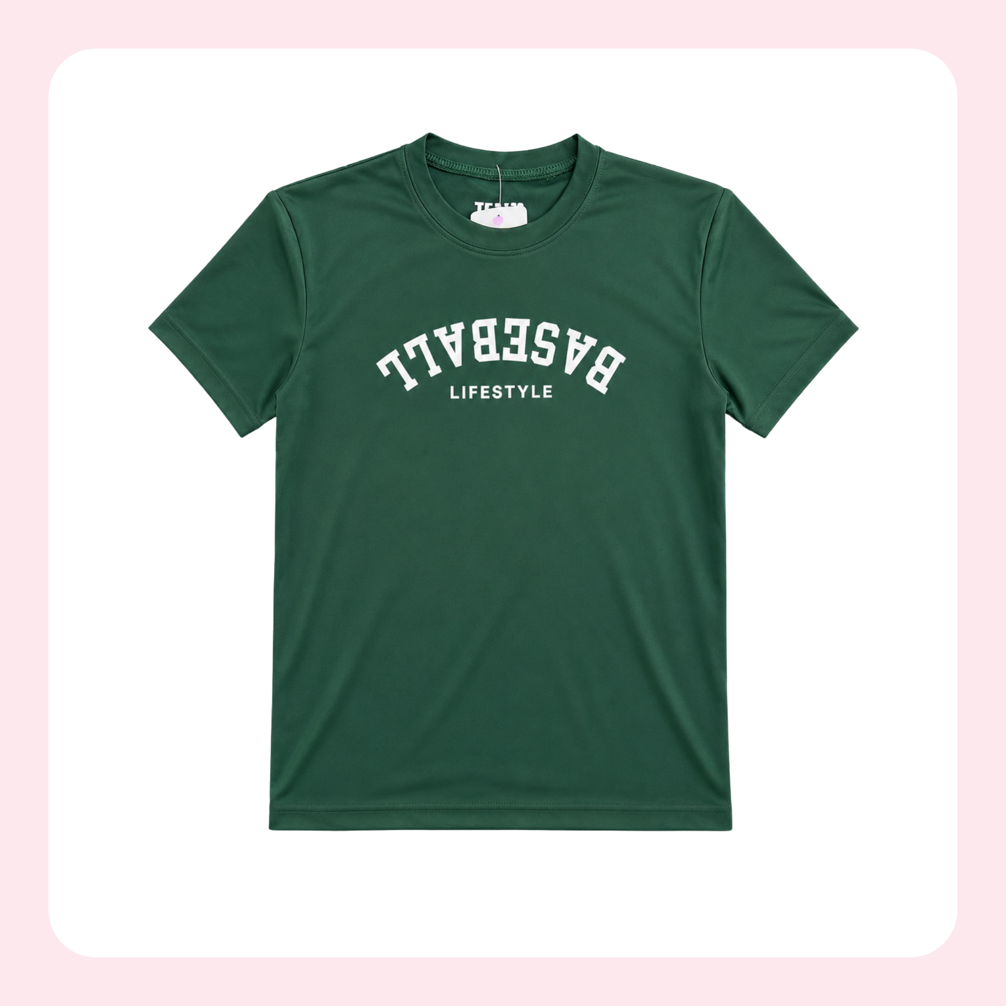 A dark green short-sleeve crewneck t-shirt with 'BASEBALL' and 'LIFESTYLE' printed in white arched text on the chest, displayed on a white background with a light pink border.