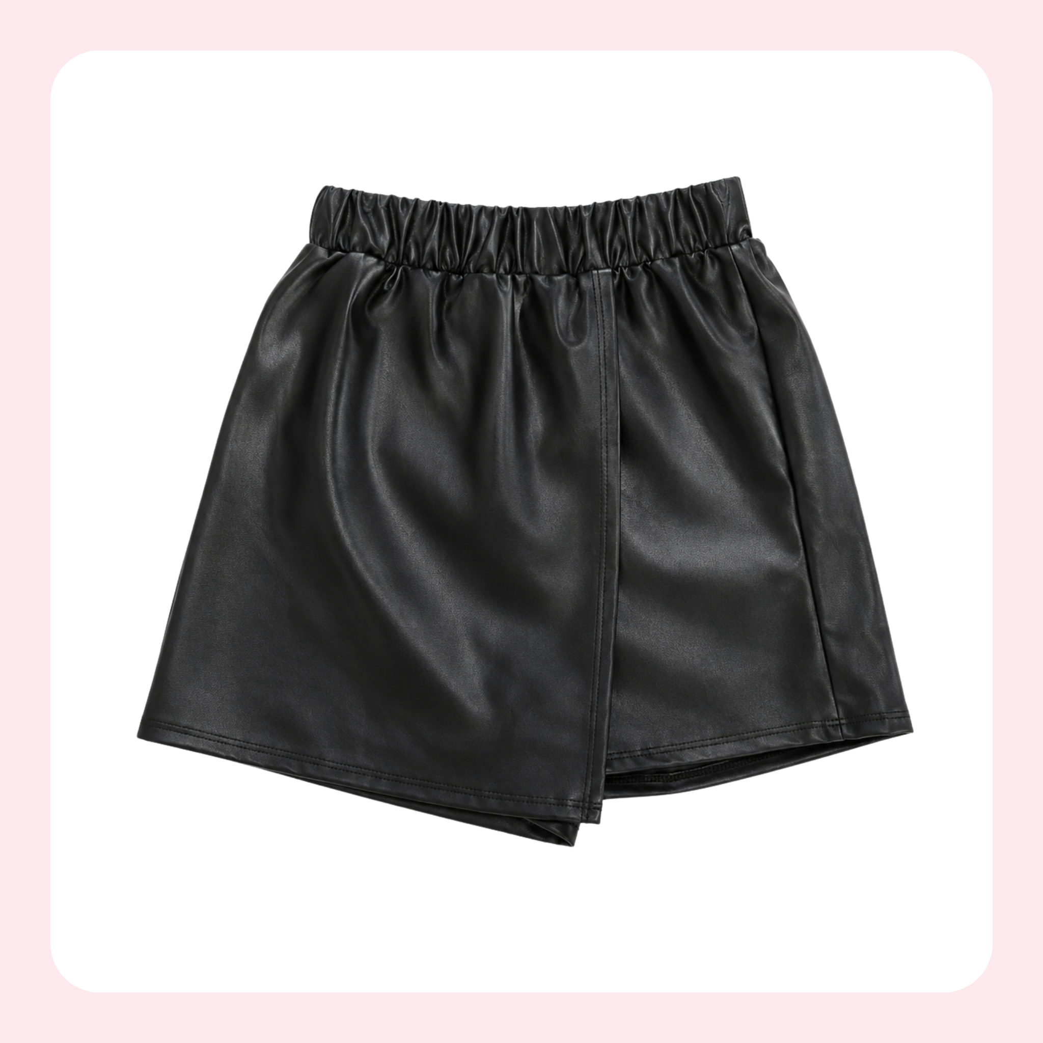 Black faux leather mini skirt with an elastic waistband, shown on a white background with a light pink border.