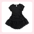 A black short-sleeve baby tee dress with a ruched bodice and a layered black tulle tutu skirt, shown against a white background with a light pink border.