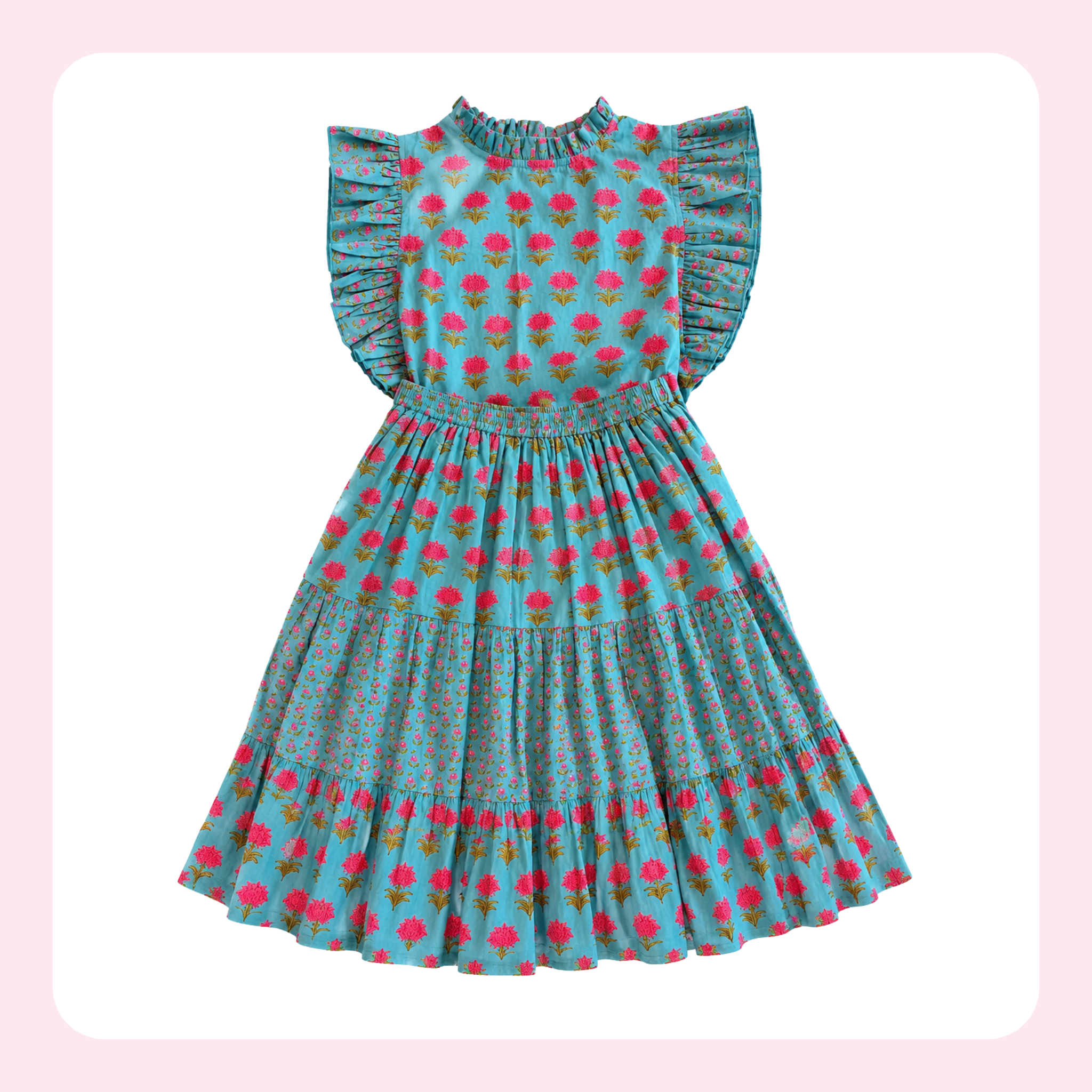 A sleeveless tiered dress with ruffled cap sleeves, featuring a turquoise blue base with a pink floral pattern and small yellow accents, displayed on a white background with a soft pink border.