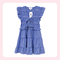 A blue and white gingham tiered dress with ruffled cap sleeves and a smocked bodice, shown flat against a white background with a pink border.