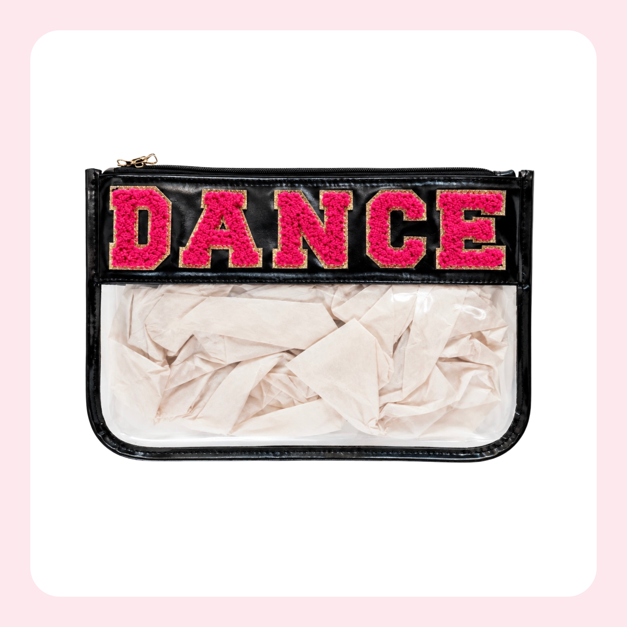 A rectangular zippered pouch with a black faux-leather border and a clear front panel. The top band is black with the word "DANCE" in large pink letters outlined in gold.
