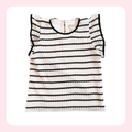 A sleeveless knit top with horizontal black stripes on a cream background, featuring ruffled sleeves and a crew neckline, shown against a light pink background with a white rounded square.