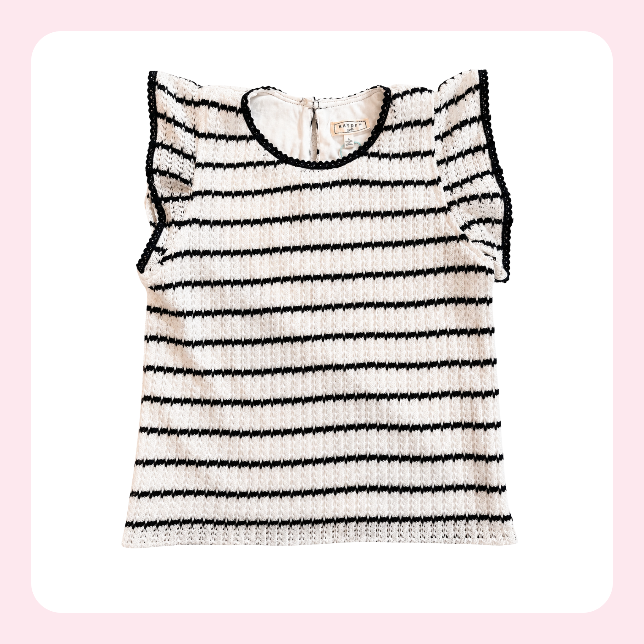 A sleeveless knit top with horizontal black stripes on a cream background, featuring ruffled sleeves and a crew neckline, shown against a light pink background with a white rounded square.