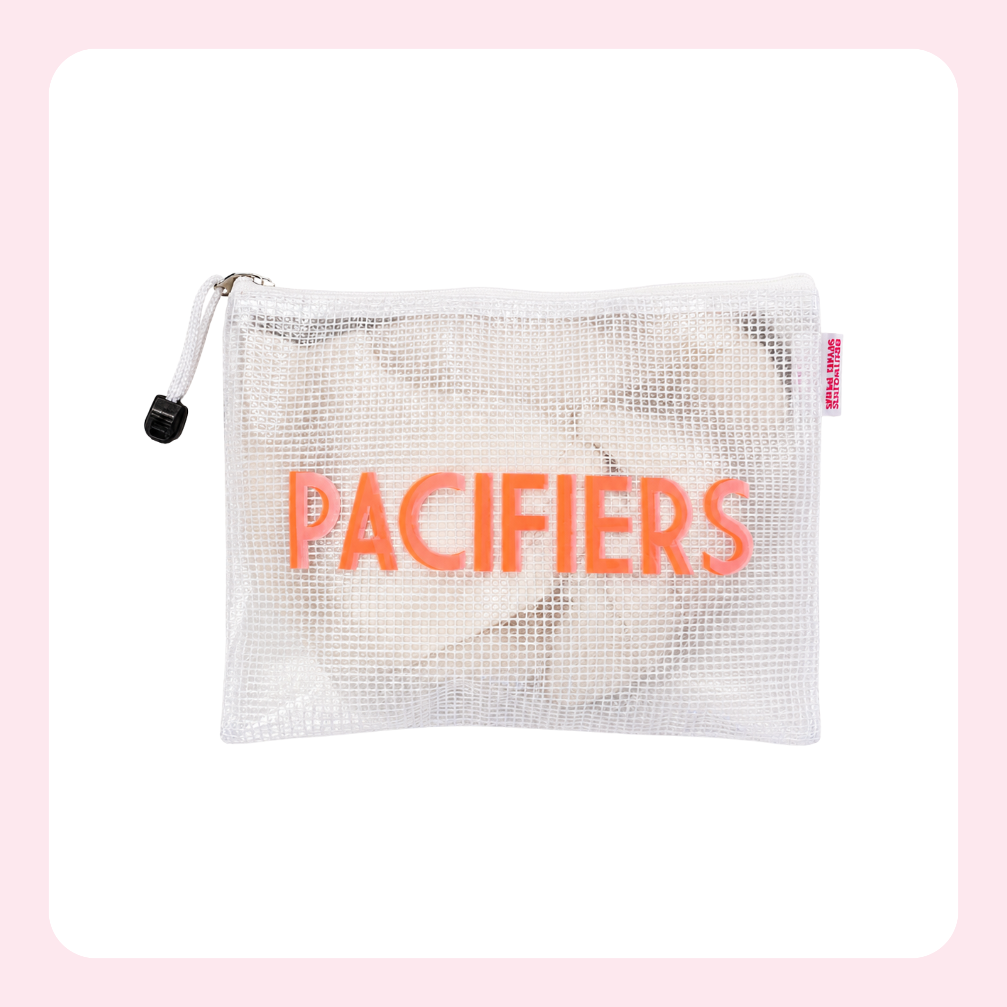 A white mesh zippered pouch with 'PACIFIERS' printed in orange across the front, containing a beige towel, set against a white background with a light pink border.