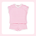 A two-piece children's pajama set featuring a short-sleeve top and matching shorts, both with horizontal pink and white stripes, displayed on a clean white background with a soft pink border.