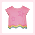 A pink short-sleeve baby tee with two pink outlined star patches and a wavy rainbow trim along the hem, displayed on a white background with a light pink border.