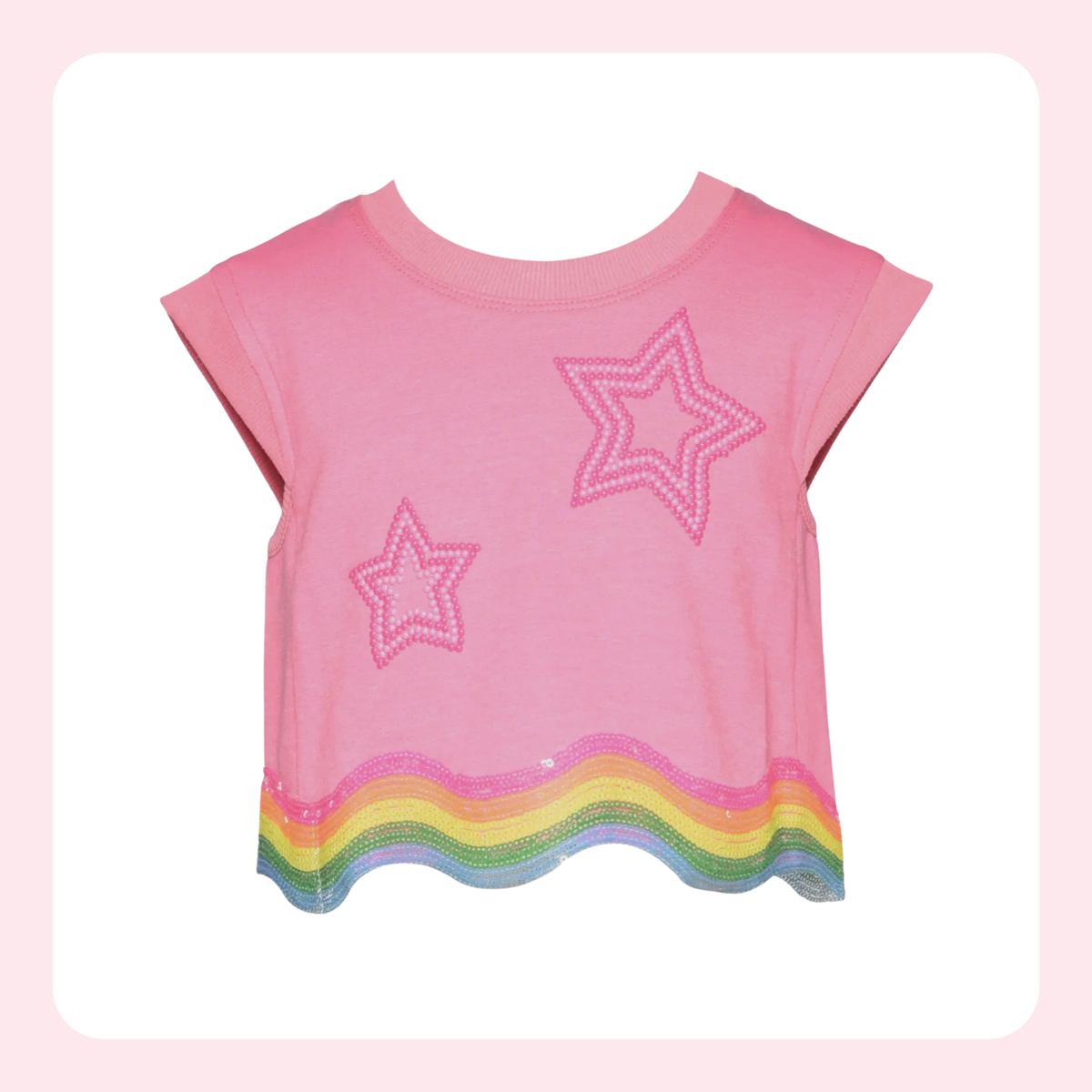 A pink short-sleeve baby tee with two pink outlined star patches and a wavy rainbow trim along the hem, displayed on a white background with a light pink border.