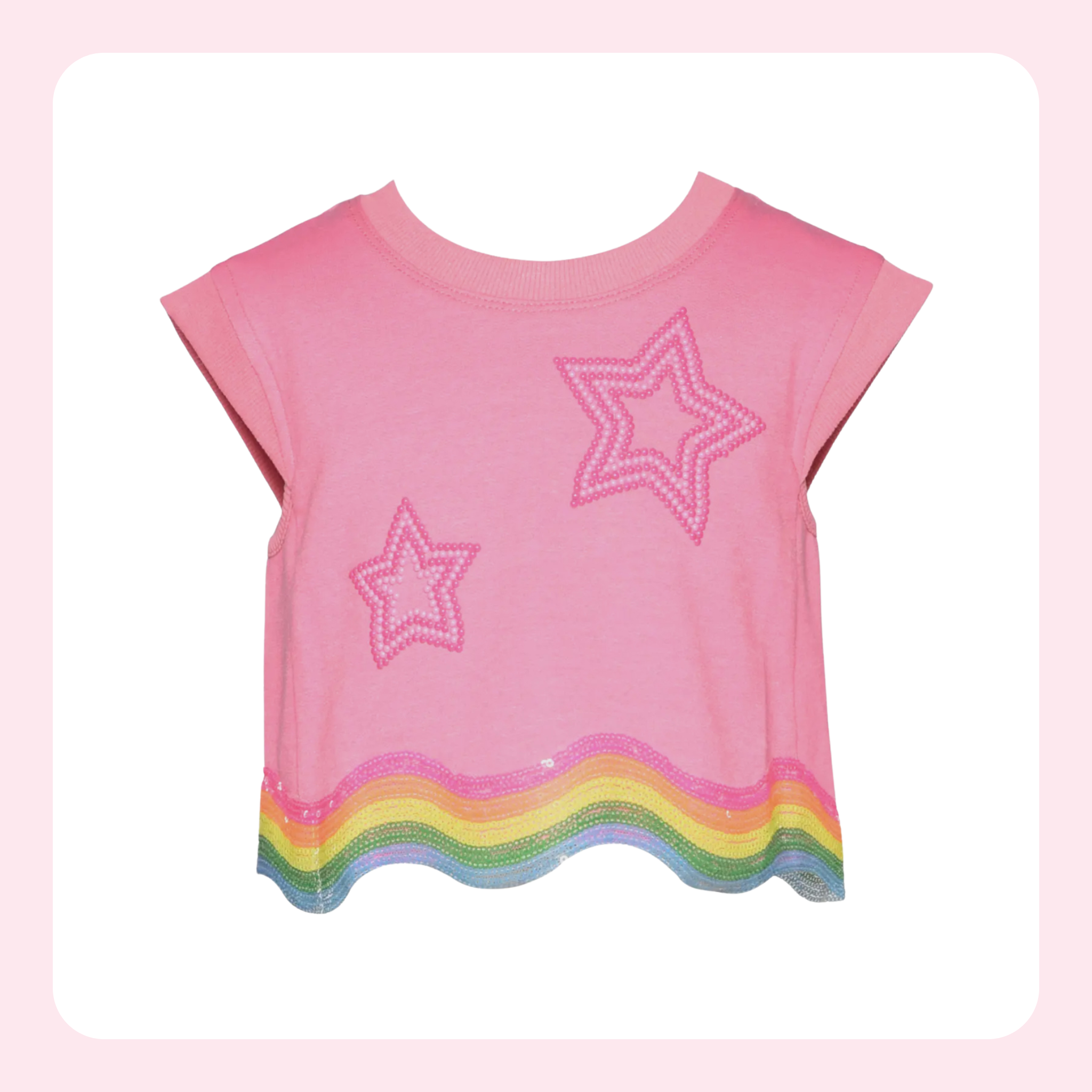A pink short-sleeve baby tee with two pink outlined star patches and a wavy rainbow trim along the hem, displayed on a white background with a light pink border.