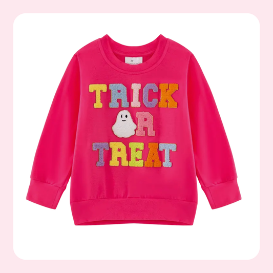 A bright pink long-sleeve sweatshirt with 'TRICK OR TREAT' and a ghost applique on the front, displayed on a white background with a soft pink border.